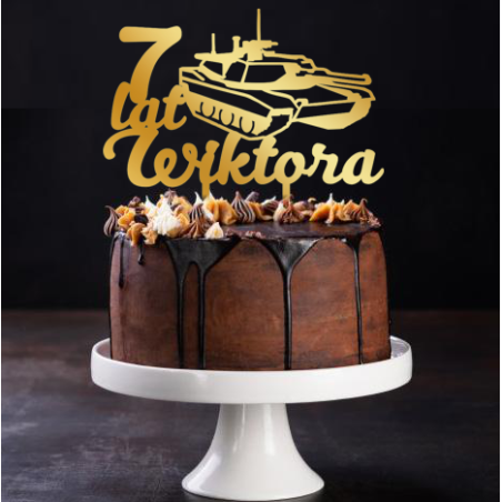 Topper na tort z czołgiem - złote plexi