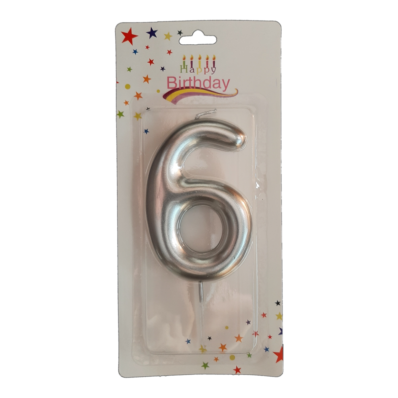 świeczka cyferka srebrna 6 na tort