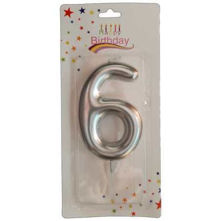 świeczka cyferka srebrna 6 na tort