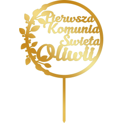 Topper na komunię z imieniem w kółku liściastym -złote plexi