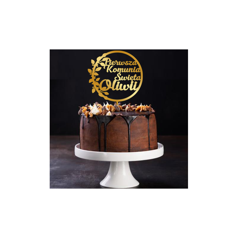 Topper na komunię z imieniem w kółku liściastym -złote plexi