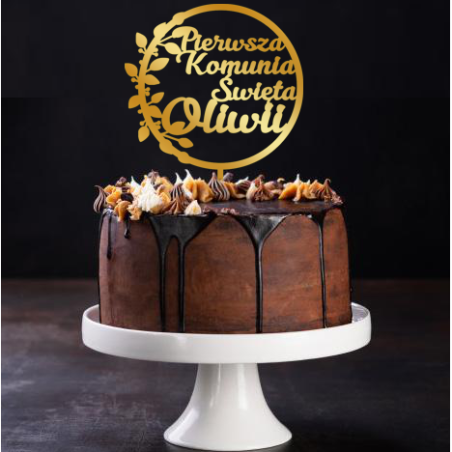 Topper na komunię z imieniem w kółku liściastym -złote plexi