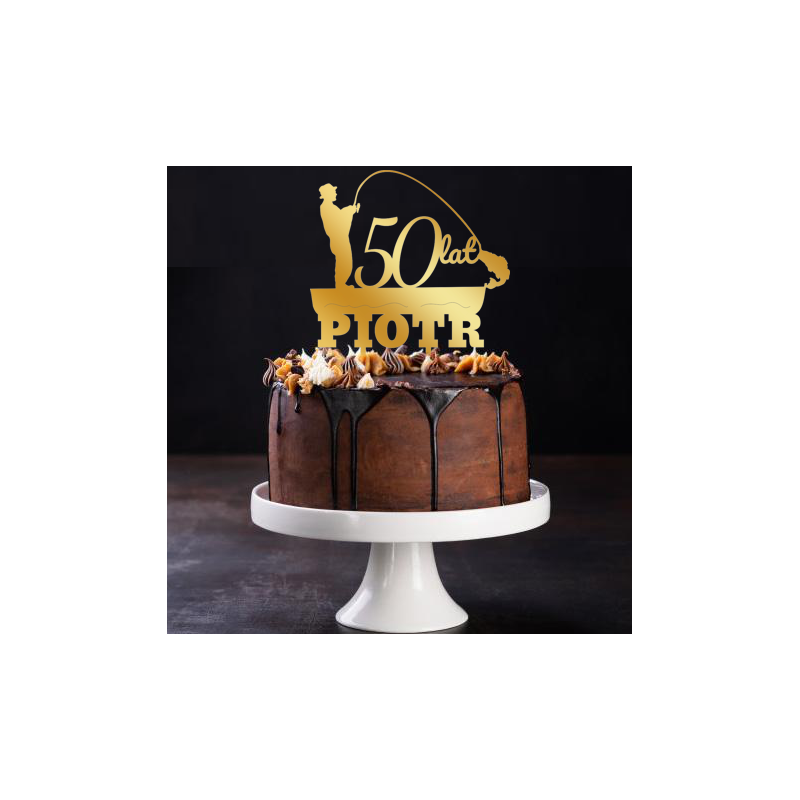 Topper na tort dla wędkarza -złote plexi