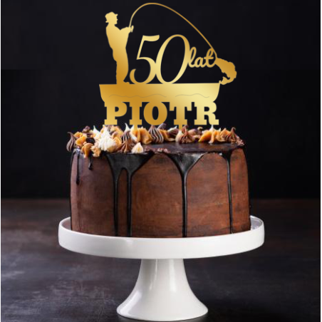 Topper na tort dla wędkarza -złote plexi